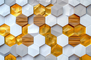 Futuristic 3D geometric pattern composed of hexagons with a luxurious white, gold and wood color.