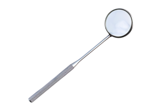 A silver dental mirror with a round reflective surface and a long, slender handle.