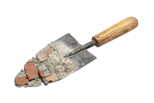 A small trowel with a wooden handle lies on a pile of broken bricks and mortar.