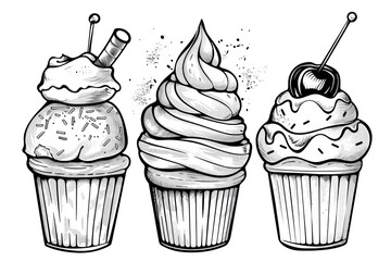 Cute dessert sweets food cupcake and ice cream drawing coloring page.