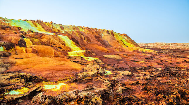 Red and yellow sulphur fields, volcanic landscape  Danakil Depression desert, Afar region, Ethiopia