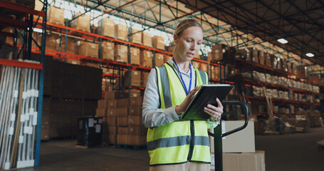 Logistics, woman and tablet in warehouse with inventory, stock and tech for delivery in supply...