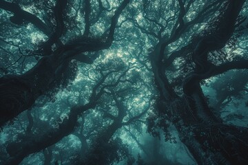 Fototapeta premium Towering Trees in a Foggy Forest