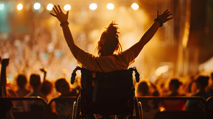 A person in a wheelchair is seen from behind. standing up and waving their arms at the concert stage of the music festival 