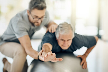 Fototapeta premium Support, physiotherapy and old man with gym ball, stretching or medical care in senior rehabilitation. Physio, therapist and elderly patient for mobility training, exercise or help in retirement.