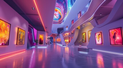 A futuristic art gallery with vibrant neon lighting showcasing various abstract paintings on a glossy floor and curved walls.