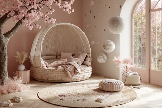 A nursery room with a pink and white color scheme features a round bed with a white wicker frame and a pink blanket