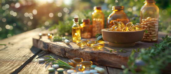 Diverse Array of Medical Herbs and Pills: Natural Remedies and Pharmaceutical Alternatives Displayed on a Wooden Table