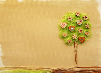 Handmade kids craft book cover design, scrapbook page layout, invite or Thank you card background. Abstract tree craft embellished with colorful flower and heart buttons.