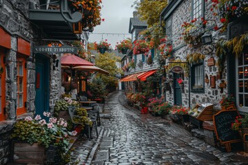 Naklejka premium Cobblestone Alley With Quaint Cafes in a European Town