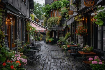 Fototapeta premium Cobblestone Alley Cafe Scene