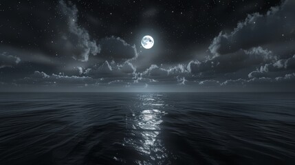 Pristine floor under a starless black sky, with soft clouds and a shining white moon, presenting a calm and captivating nightscape