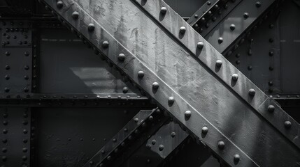 Obraz premium Monochromatic view of an industrial bridge, emphasizing steel beams and rivets, with dramatic light and shadow play