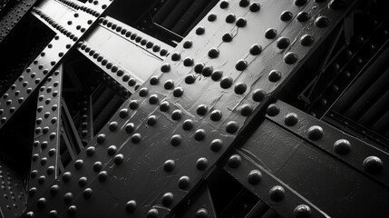 Obraz premium Monochromatic view of an industrial bridge, emphasizing steel beams and rivets, with dramatic light and shadow play