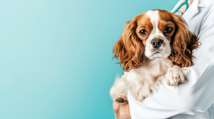 Veterinarian holding a spaniel, blue background, text space