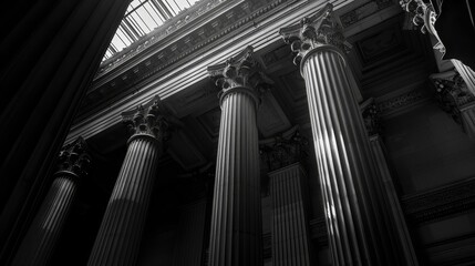 Monochrome shot of a classic columned building, highlighting fluted columns and linear perspective, with strong contrast