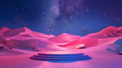 Podium for product display set against fantastic desert dunes at night, sparkling stars above, an oasis nearby, with saturated colors illuminating the scene