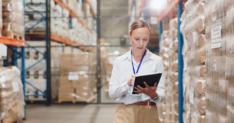 Storage, warehouse and check with tablet and business woman with quality assurance and inventory...