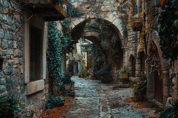 Naklejka premium Stone Archway Alleyway in a European Village