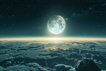 Full moon rising over cloudscape at night