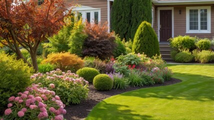 Obraz premium Tropical Gardens A Mix of Well-Manicured Shrubs and Grasses in Florida