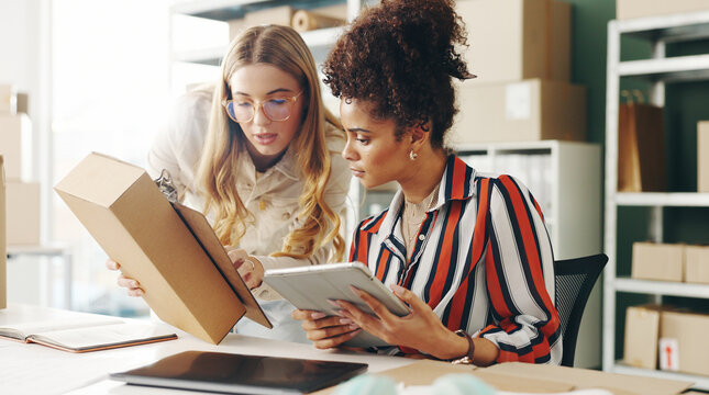 Women, tablet and teamwork with logistics, package and e commerce checklist for online shop, stock or supply chain. Small business people or seller with digital tech, box and clipboard for web order