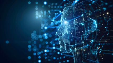 Artificial Intelligence and deep learning concept with digital human head silhouette on blue background, AI technology futuristic illustration.