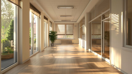 Fototapeta premium interior of an office building with light wood floors and white walls, large windows on the left side that have blinds and sunlight shining through.