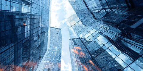 Modern skyscrapers with glass facades against the blue sky, business and corporate concept, high angle view.