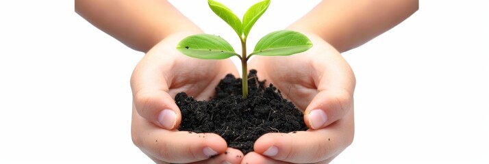 Plant in hands isolated, young sprout, new plant growing in soil, organic farming, environment care, earth day