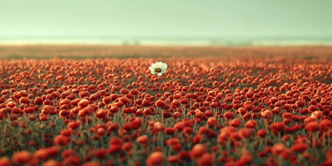 Fototapeta premium A White Flower in a Field of Red Flowers: Illustrating the Concept of Outliers