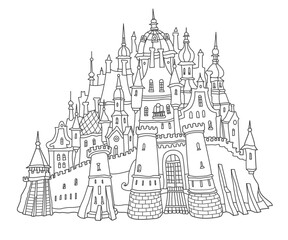 Fairy tale medieval castle with a fortified wall. Coloring book page for adults and children