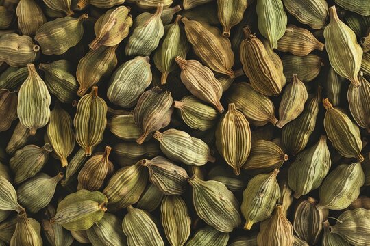 Cardamom texture, green cardamon seeds background, dry kardamon pattern, cardamum spice banner