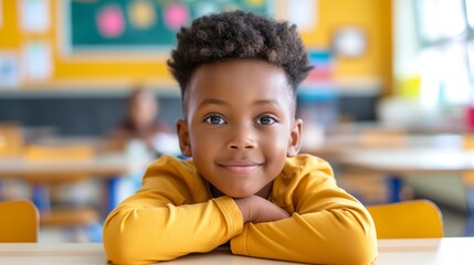 School student portrait of a young happy boy smiling in a classroom
