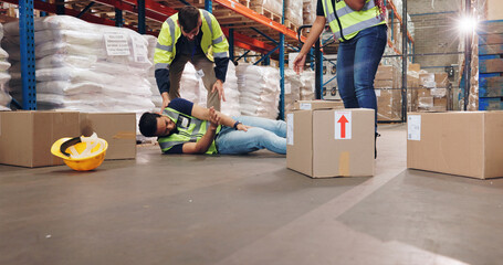 Fail, fall and boxes with man in warehouse for delivery, distribution or supply chain logistics....