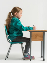 A realistic photo of a elementary school girl writing homework at her desk, sit upright, white background, minimalist style, Side View, Full Length Shot, bright, studio light, high definition