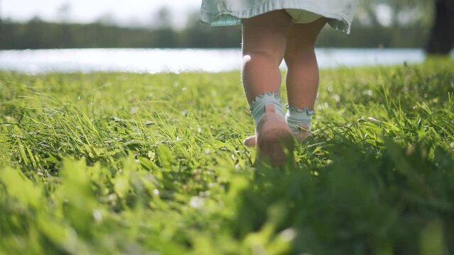 Toddler walking near lake. Little feet exploring nature. Toddler takes steps on grass by lake. First walk by water. Child enjoying nature walk. Toddler outdoor adventure by lake. Peaceful walk water.