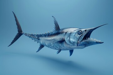 Obraz premium A Blue Marlin Leaps Through the Water Against a Blue Background