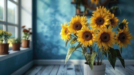 Interior decoration featuring a bouquet of blooming sunflowers in yellow