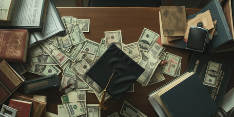 High Cost of College: Graduation Cap and Money Highlighting Complexity