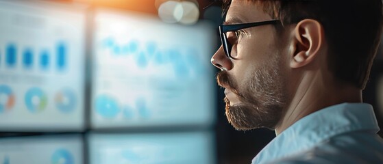 Focused professional analyzing data on multiple monitors. Business intelligence, data analysis, and technology in a modern office environment.