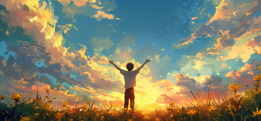 person kneeling and raising hands, Open arms, for pray to God on meadow sunset background