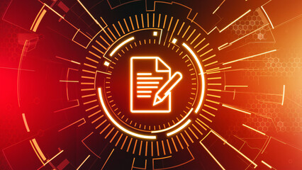 Smart Contract Icon with Vibrant Orange Glow - High-Tech Digital Interface on Fiery Red Background
