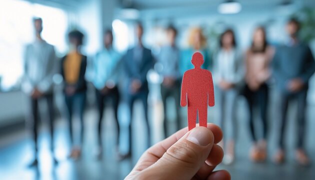 Gruppe von Menschen und im B&uuml;ro, im Vordergrund eine Hand h&auml;lt einen roten Mustermann