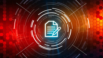 Smart Contract Icon with Bright Blue Neon on Dynamic Red and Orange Background - High-Tech Digital Interface Featuring Hexagonal and Circular Patterns