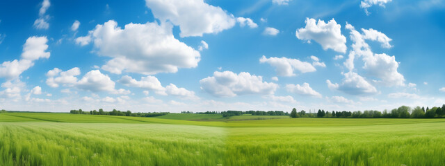Nature landscape with green meadows, blue sky with clouds and mountains in the background. classic green landscape, Generative AI