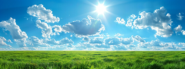 Fototapeta premium Nature landscape with green meadows, blue sky with clouds and mountains in the background. classic green landscape, Generative AI