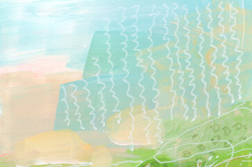 Art watercolor and acrylic smear blot painting with pencil, pastel line elements. Abstract pastel...