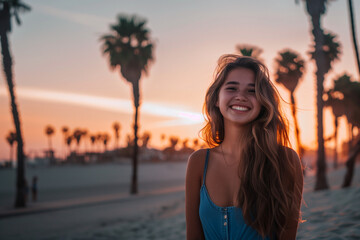 Smiling girl on the beach. Tropical beach, summer time,  summer vacation, summer  holiday