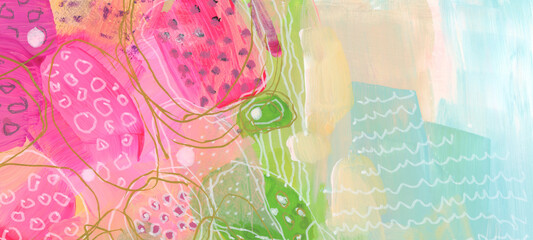 Art watercolor and acrylic smear blot dot canvas painting with pencil, pastel line elements....